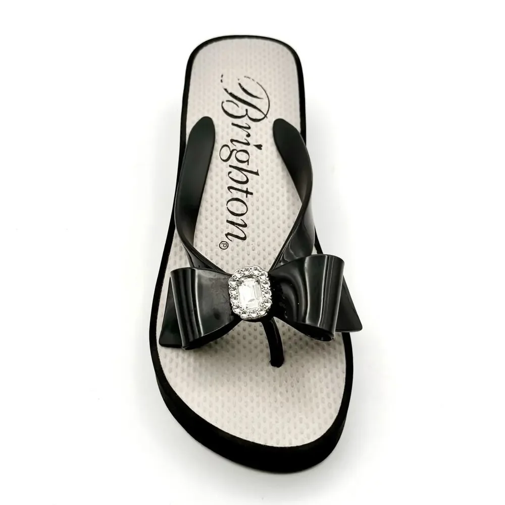 BRIGHTON Women Size 7 Sandals Black Bow BOWIE Platform Wedge W/ Bling Flip flop